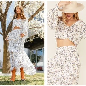 NWT Free People Secret Garden Floral Two Piece Set Maxi Skirt Crop Top Shirt